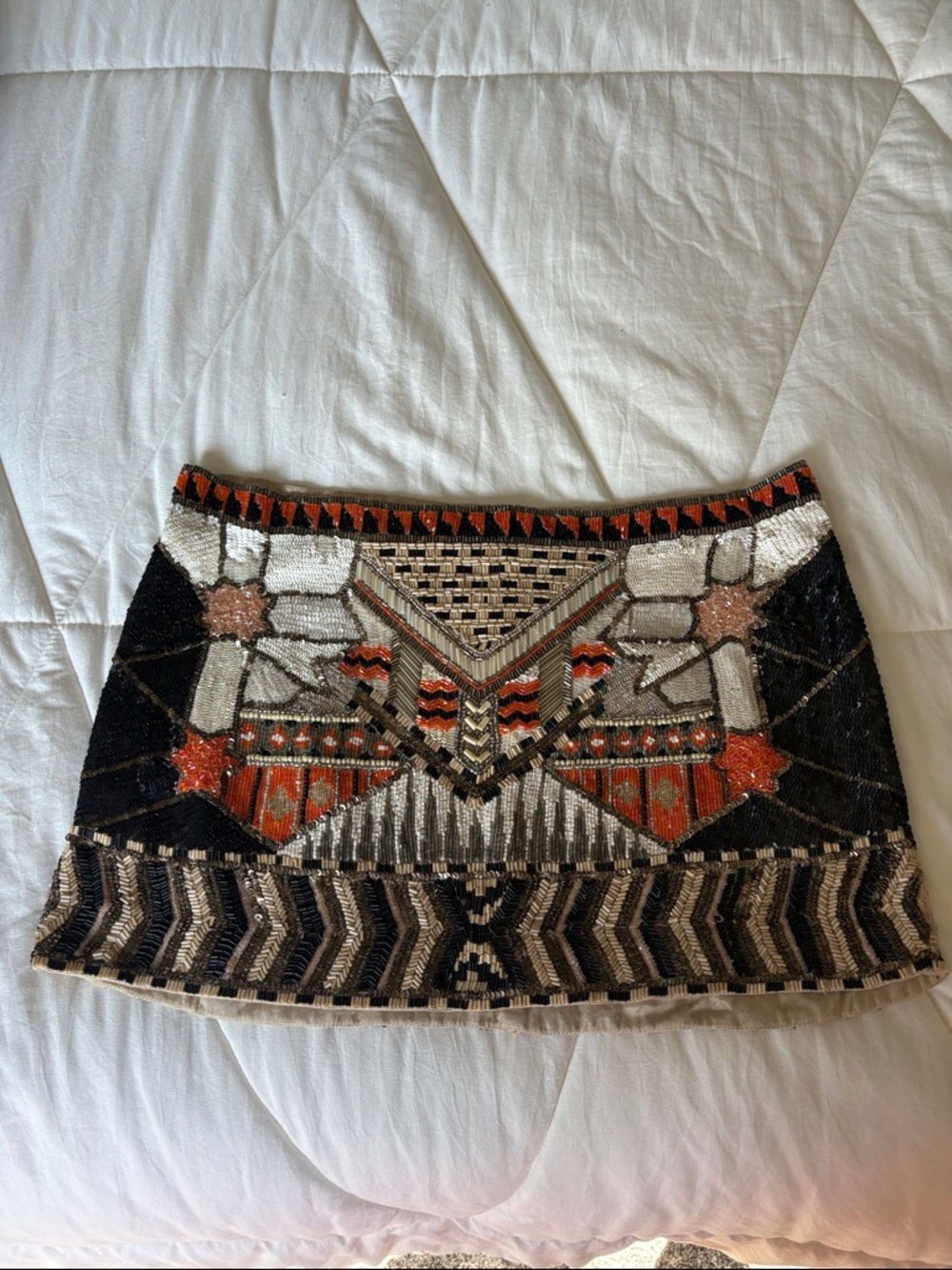 AllSaints Embellished Geometric Mini Skirt in Black, Orange and Cream